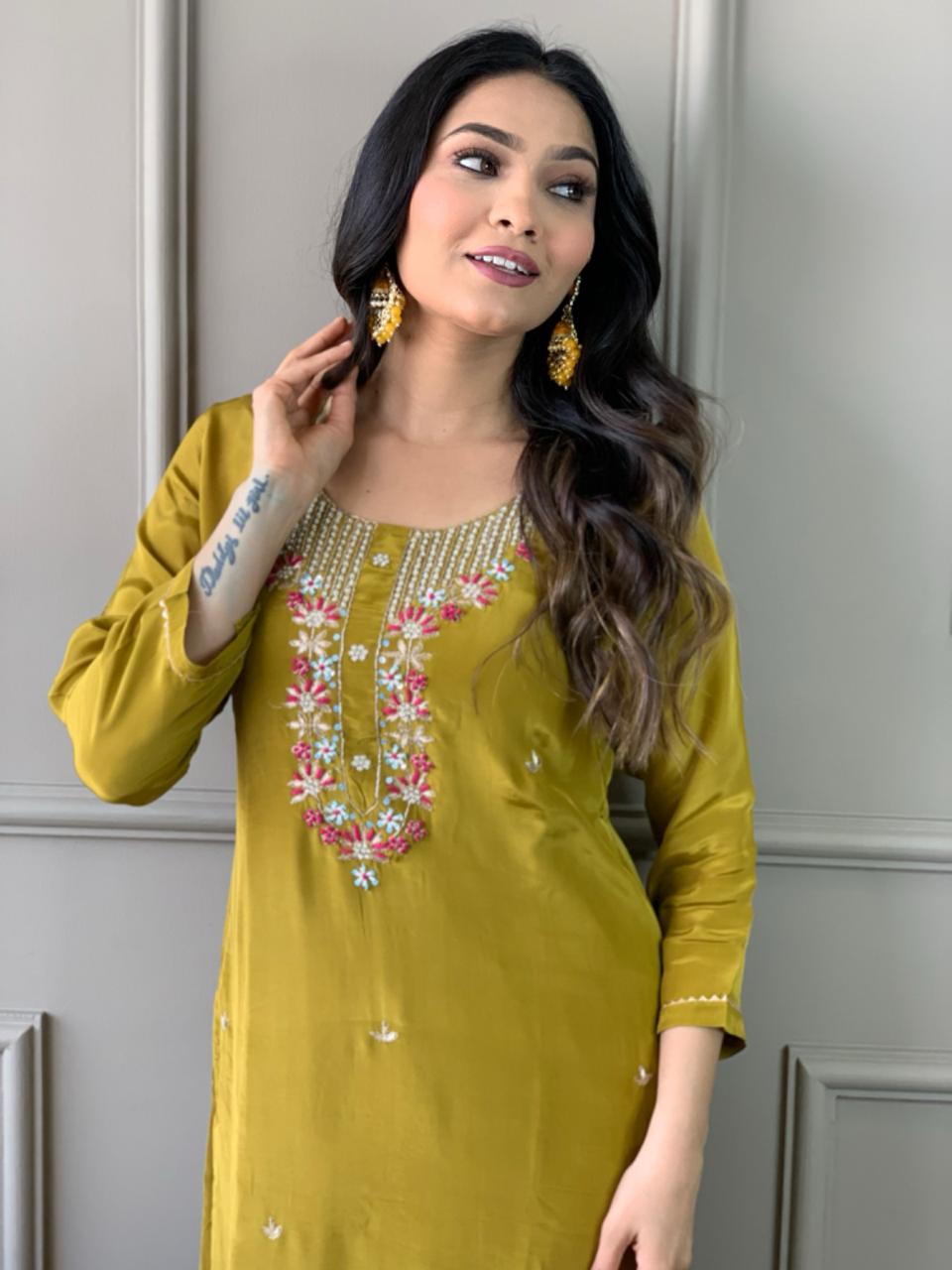 Women’s Viscose Chanderi Embroidered Suit Set with Jacquard Butti Dupatta
