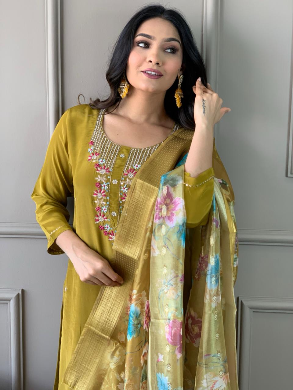 Women’s Viscose Chanderi Embroidered Suit Set with Jacquard Butti Dupatta