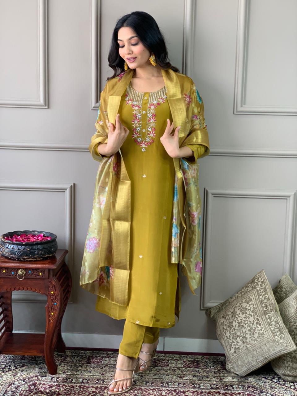 Women’s Viscose Chanderi Embroidered Suit Set with Jacquard Butti Dupatta