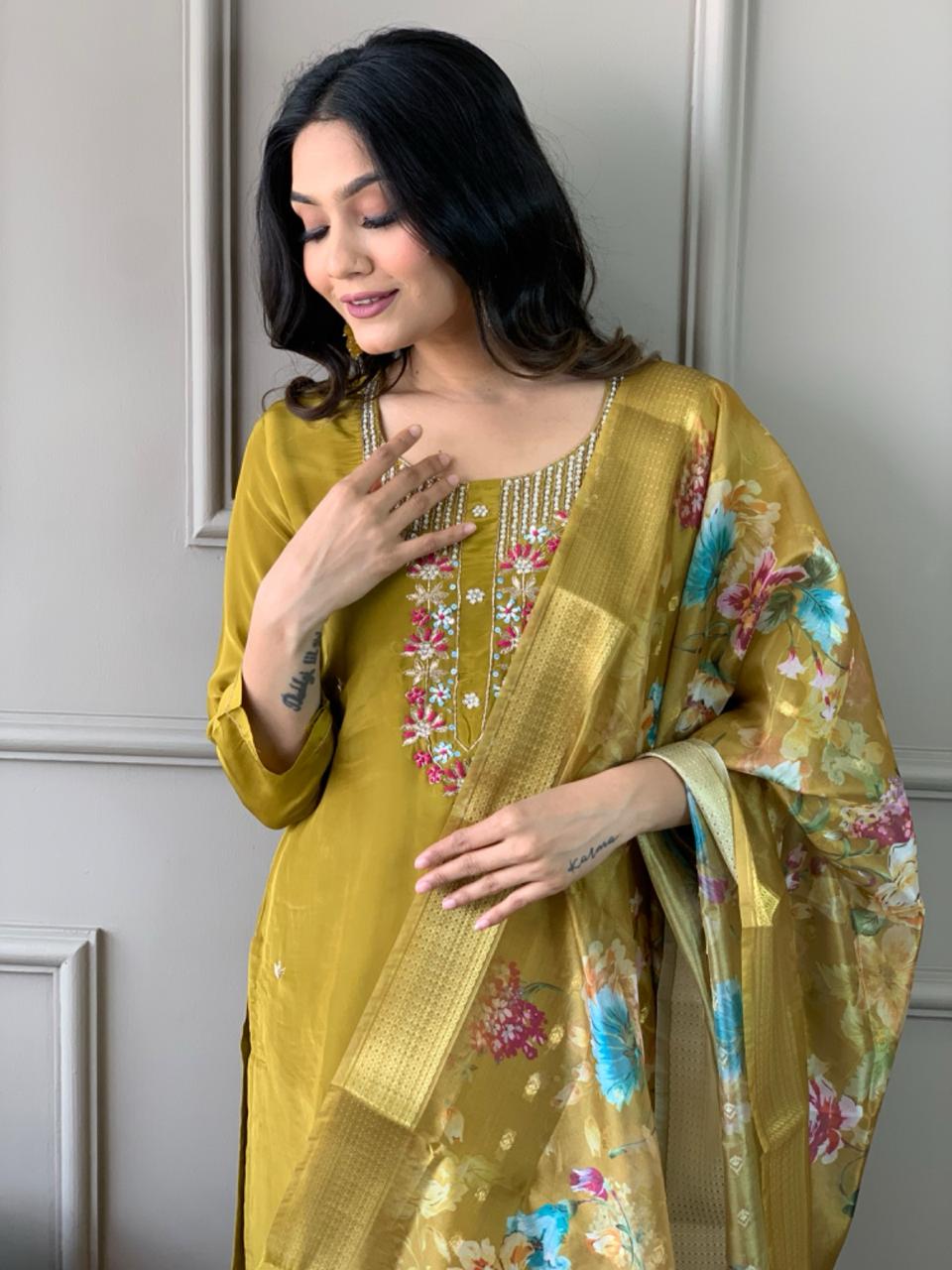 Women’s Viscose Chanderi Embroidered Suit Set with Jacquard Butti Dupatta