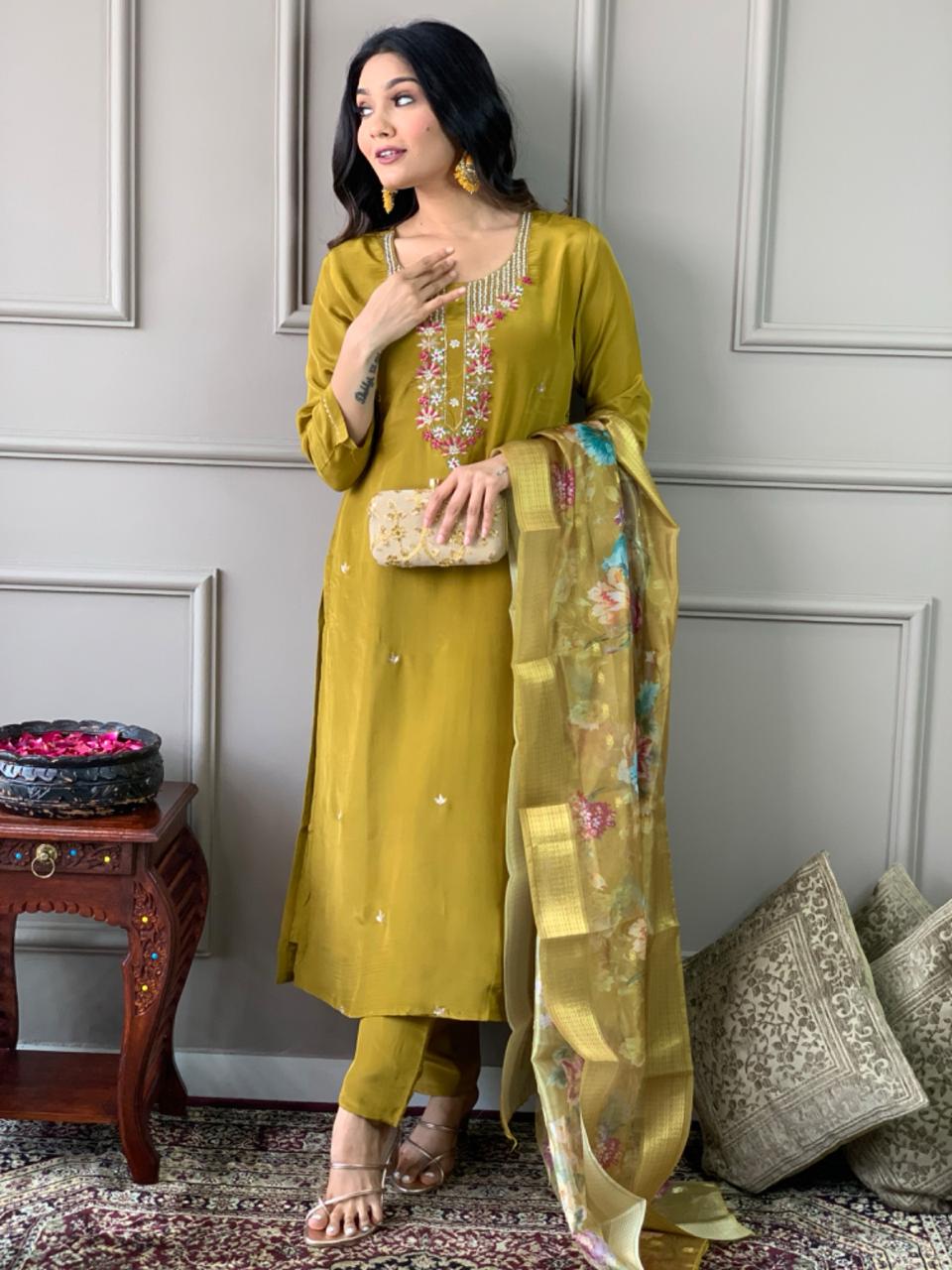 Women’s Viscose Chanderi Embroidered Suit Set with Jacquard Butti Dupatta