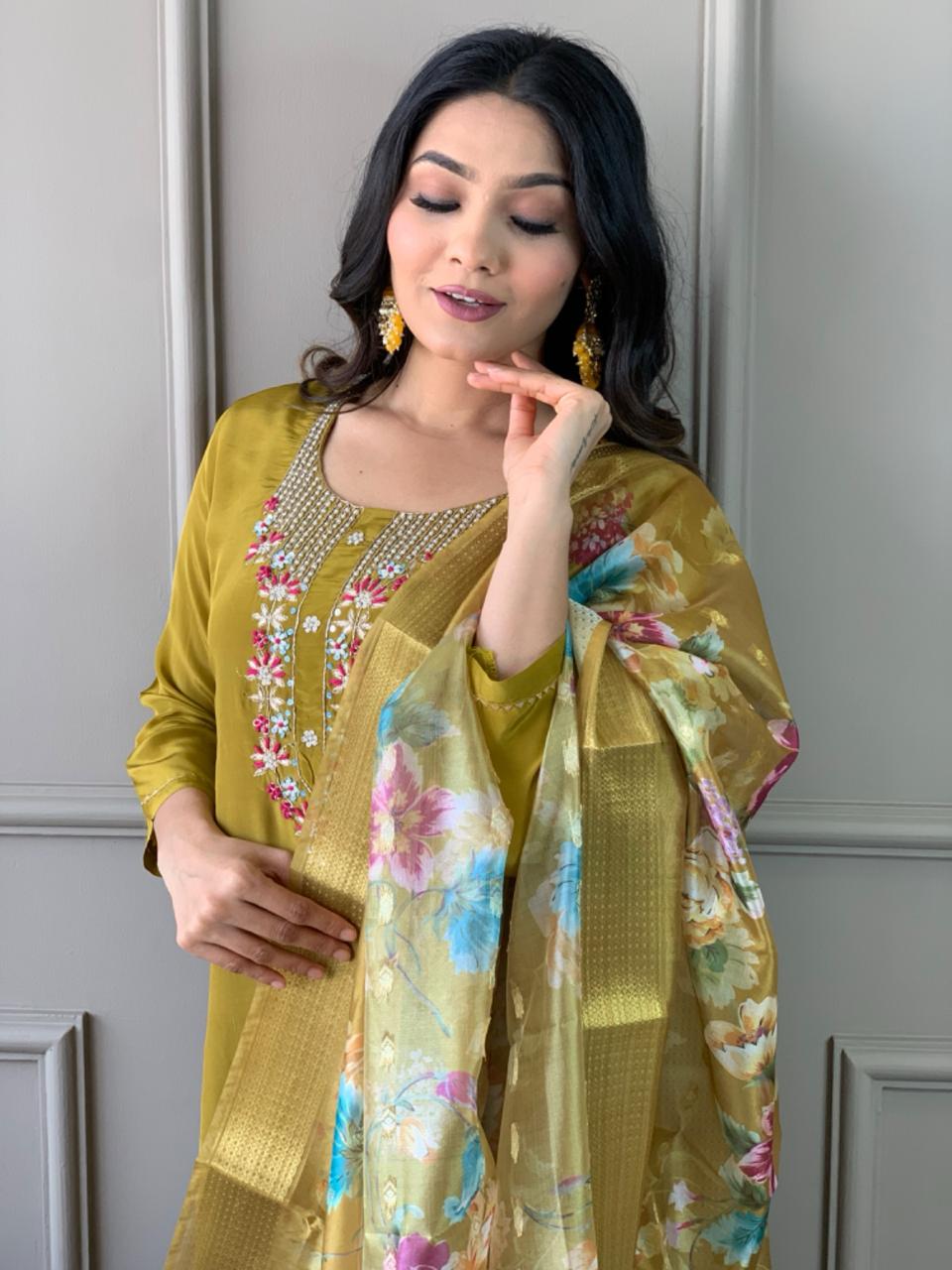 Women’s Viscose Chanderi Embroidered Suit Set with Jacquard Butti Dupatta
