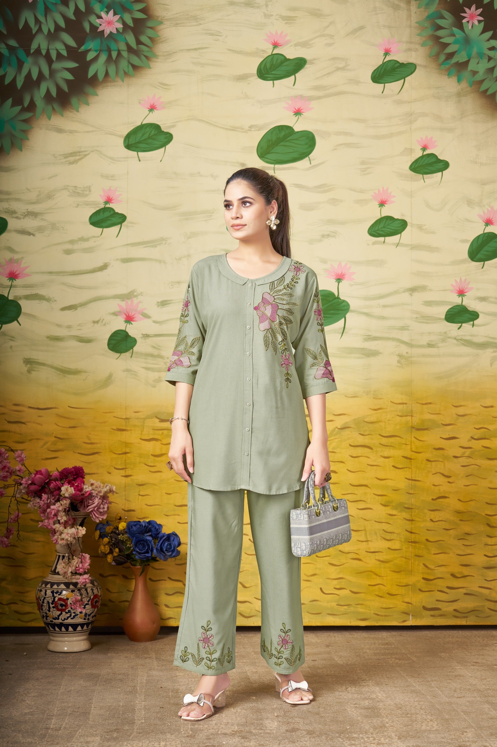 Heavy Rayon Parrot Embroidered Co-Ord Set for Women
