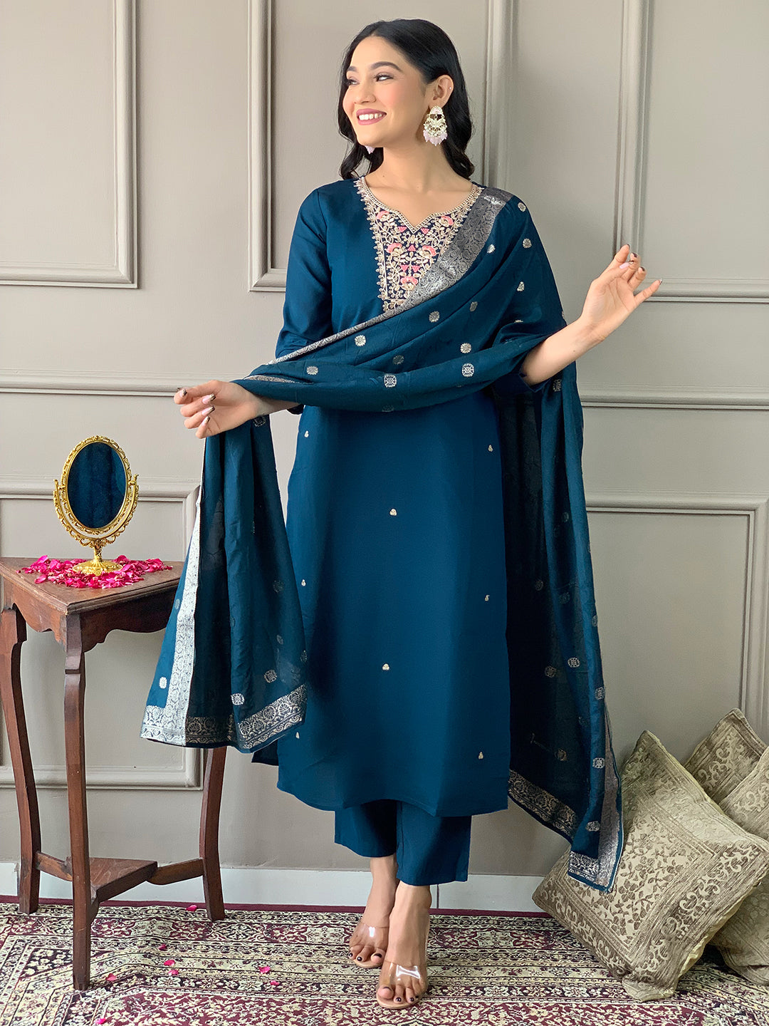Women’s Chanderi Embroidered Suit Set with Viscose Dupatta