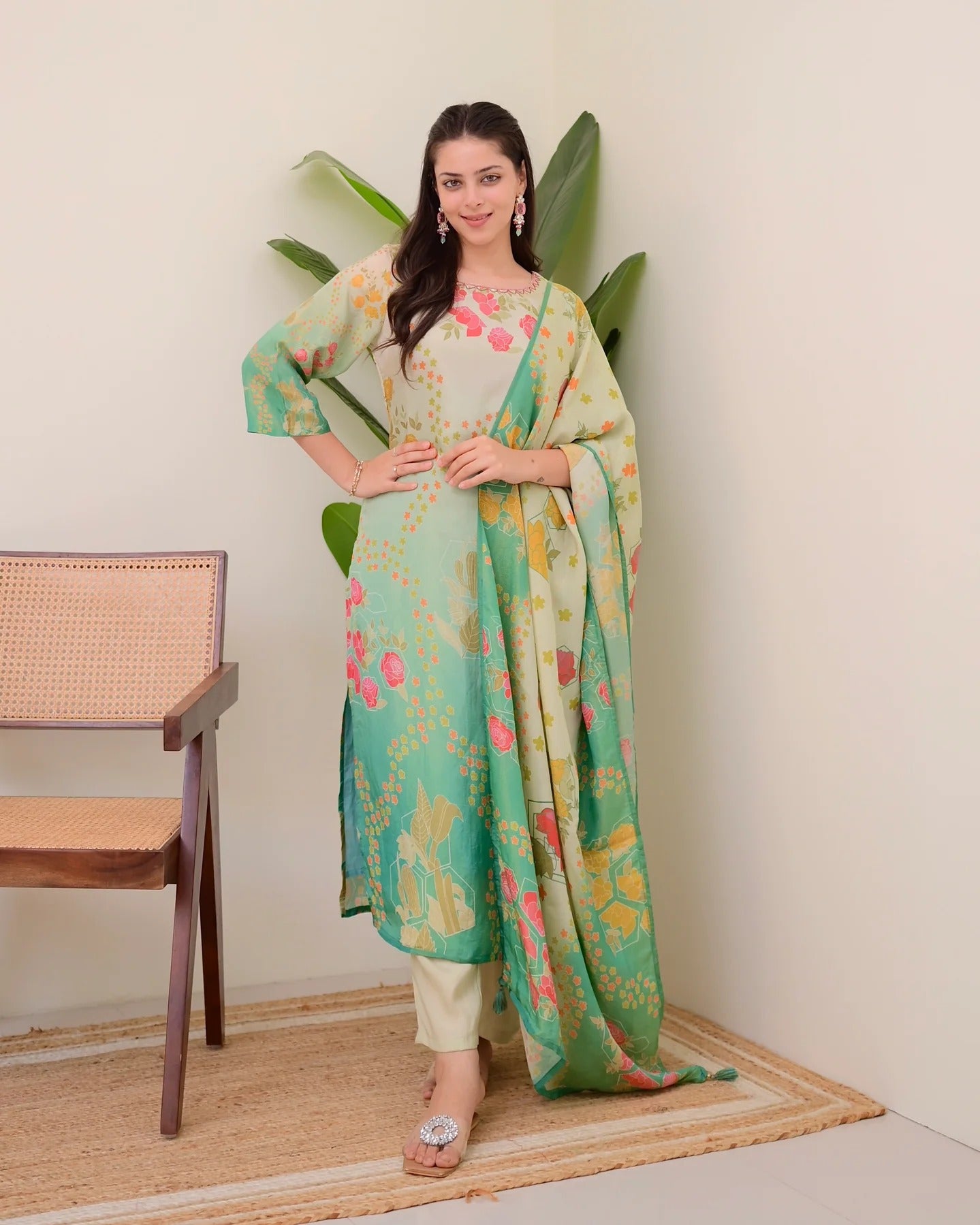 Women’s Assam Silk Handwork Suit Set with Printed Dupatta