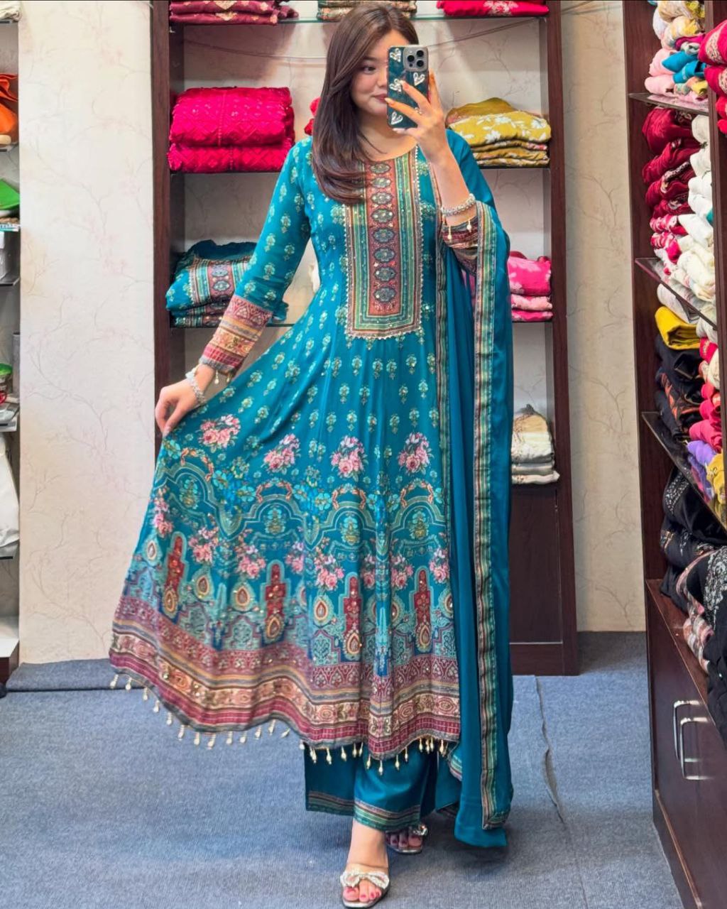 Rajasthani Full Anarkali Set with Mirror Work & Chiffon Dupatta
