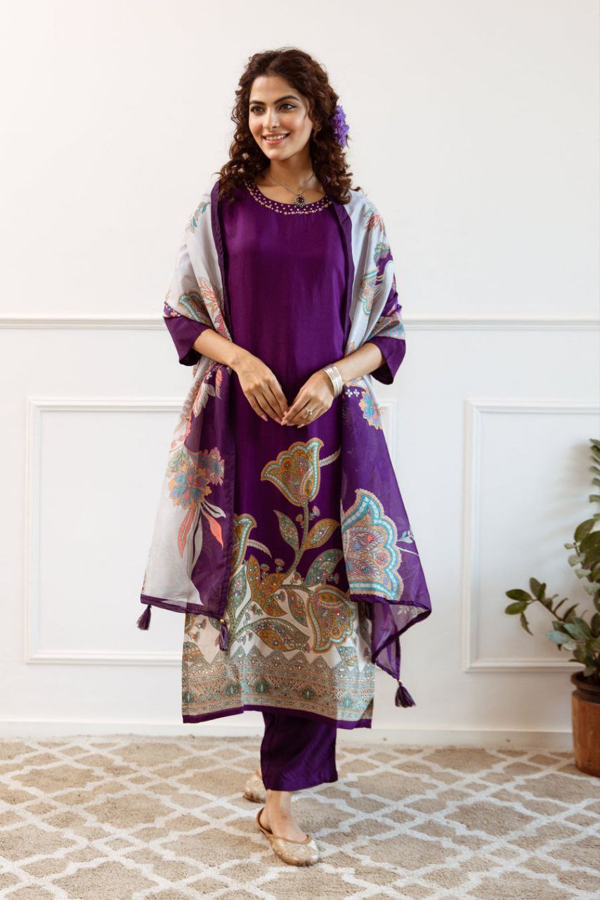 Elegant Purple Floral Silk Suit Set with Dupatta