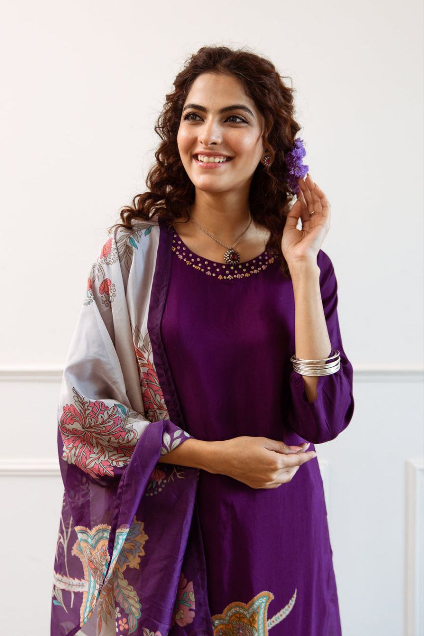 Elegant Purple Floral Silk Suit Set with Dupatta