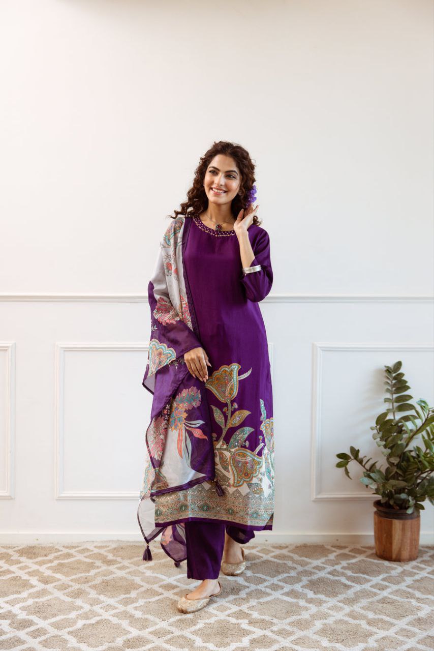 Elegant Purple Floral Silk Suit Set with Dupatta