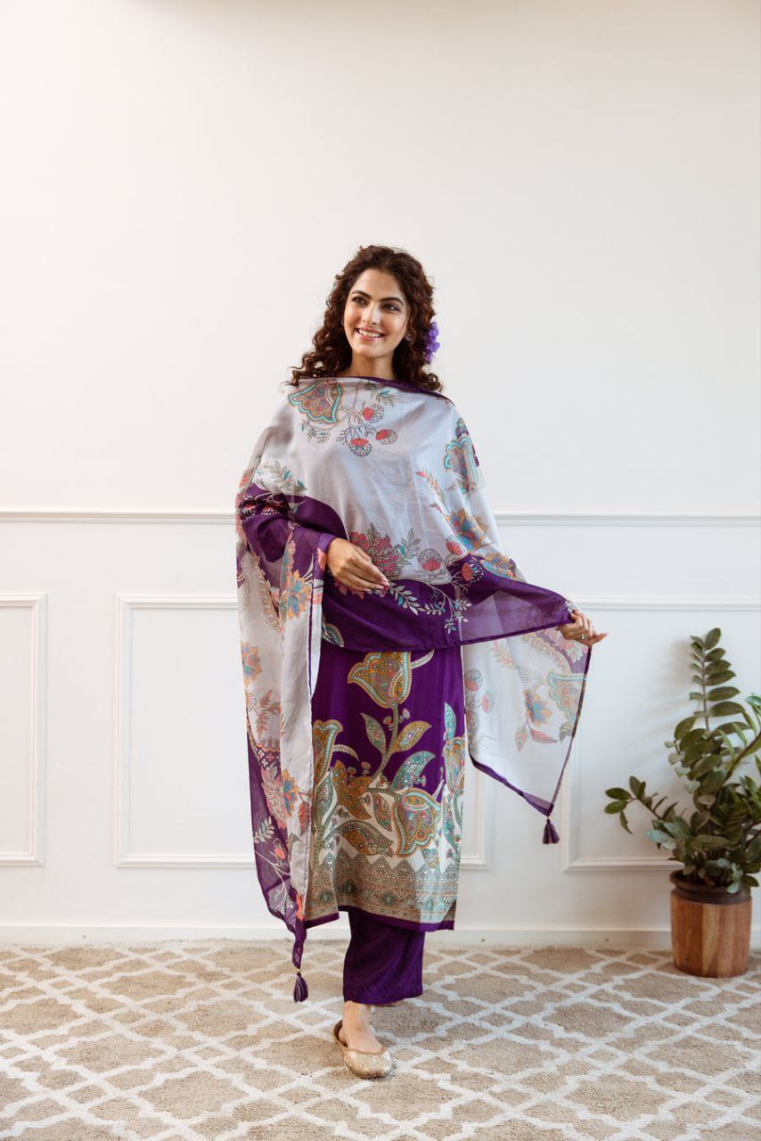 Elegant Purple Floral Silk Suit Set with Dupatta