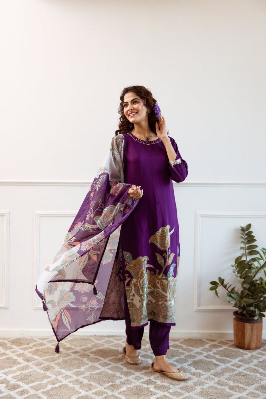 Elegant Purple Floral Silk Suit Set with Dupatta