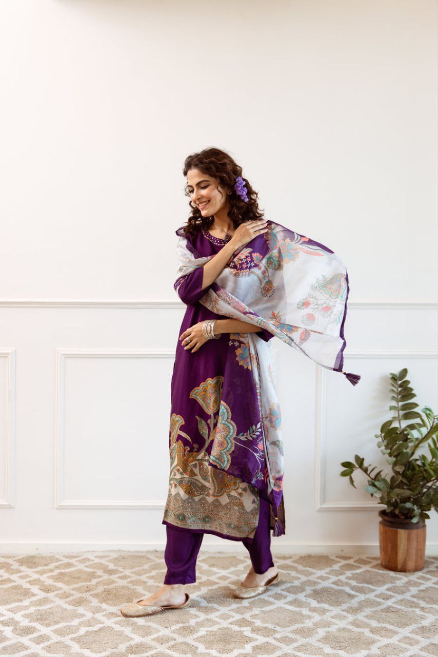 Elegant Purple Floral Silk Suit Set with Dupatta