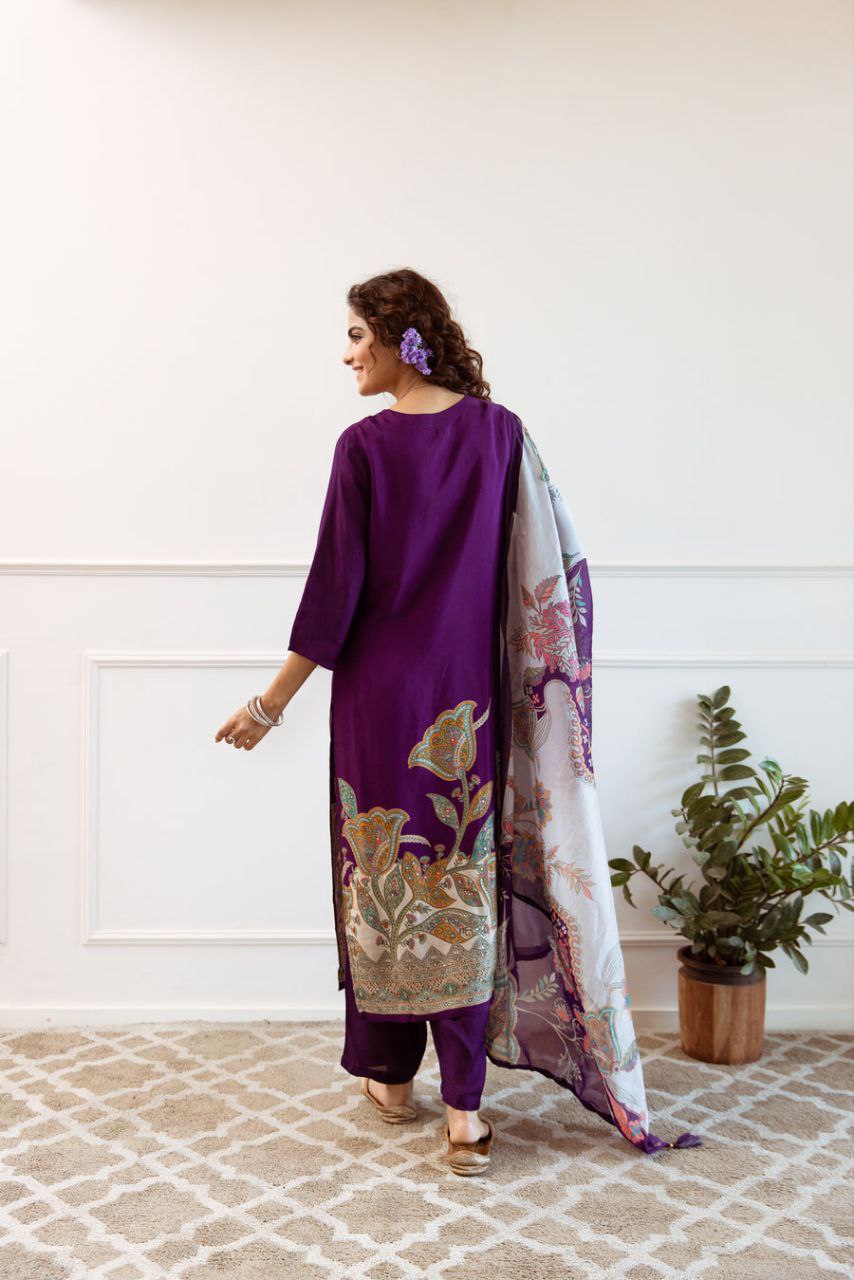 Elegant Purple Floral Silk Suit Set with Dupatta