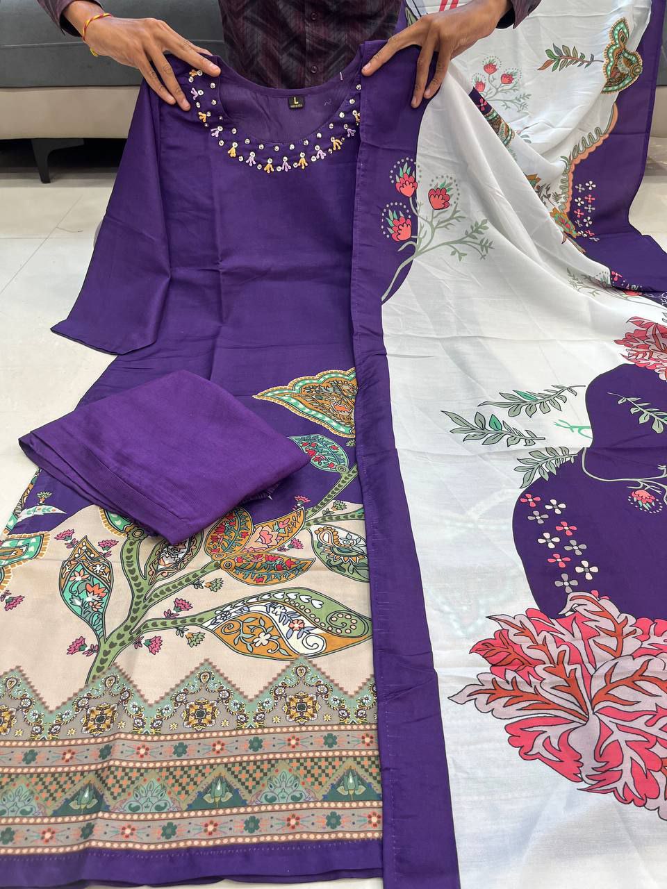Elegant Purple Floral Silk Suit Set with Dupatta