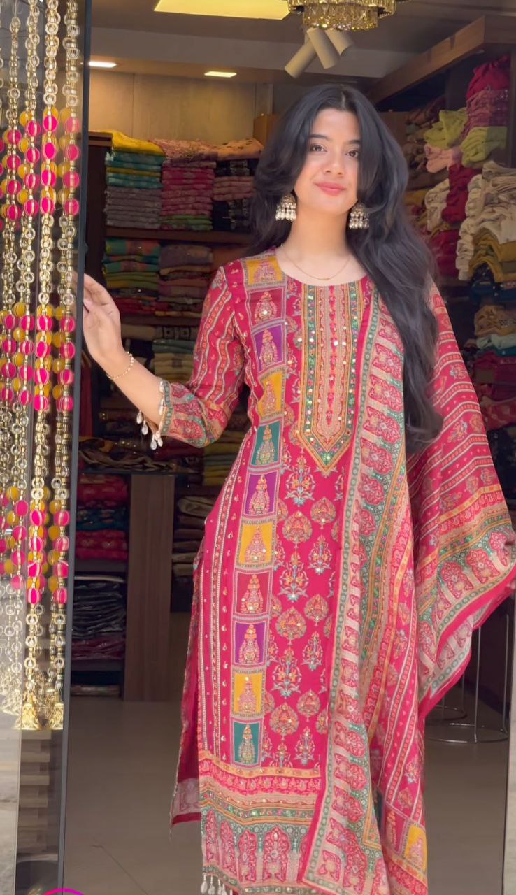 Diya Pink Schiffli Mirror Handwork Silk Festive Suit Set