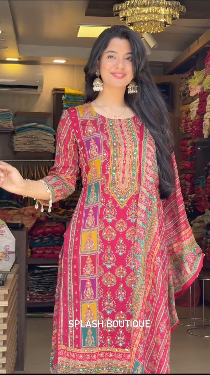 Diya Pink Schiffli Mirror Handwork Silk Festive Suit Set