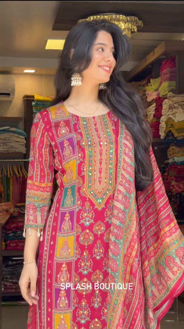Diya Pink Schiffli Mirror Handwork Silk Festive Suit Set