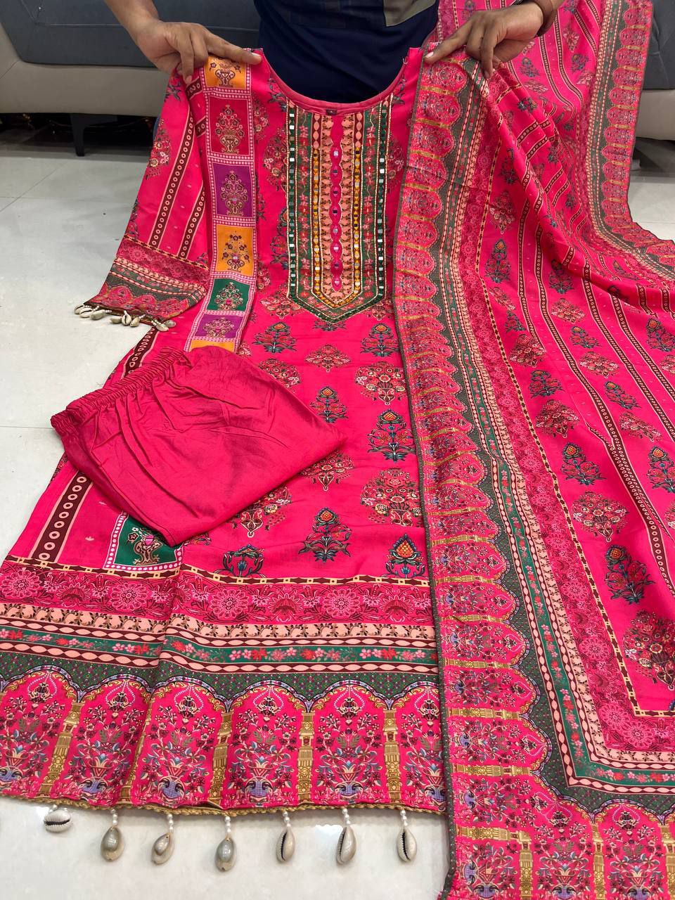 Diya Pink Schiffli Mirror Handwork Silk Festive Suit Set