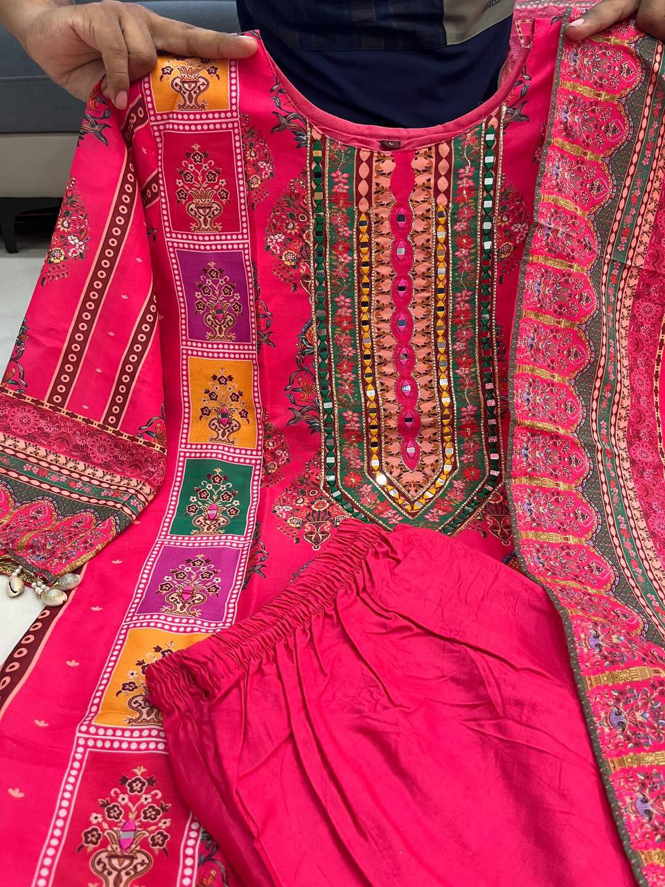 Diya Pink Schiffli Mirror Handwork Silk Festive Suit Set