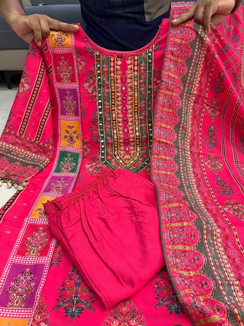 Diya Pink Schiffli Mirror Handwork Silk Festive Suit Set
