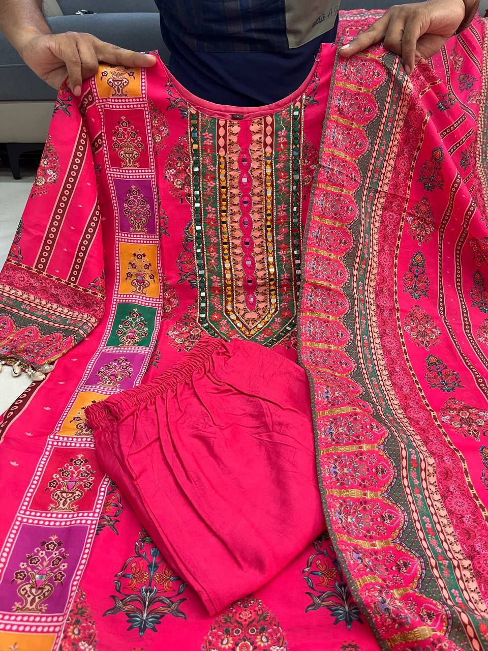 Diya Pink Schiffli Mirror Handwork Silk Festive Suit Set