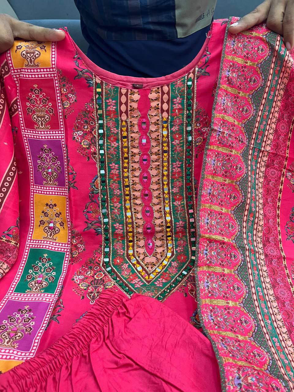 Diya Pink Schiffli Mirror Handwork Silk Festive Suit Set