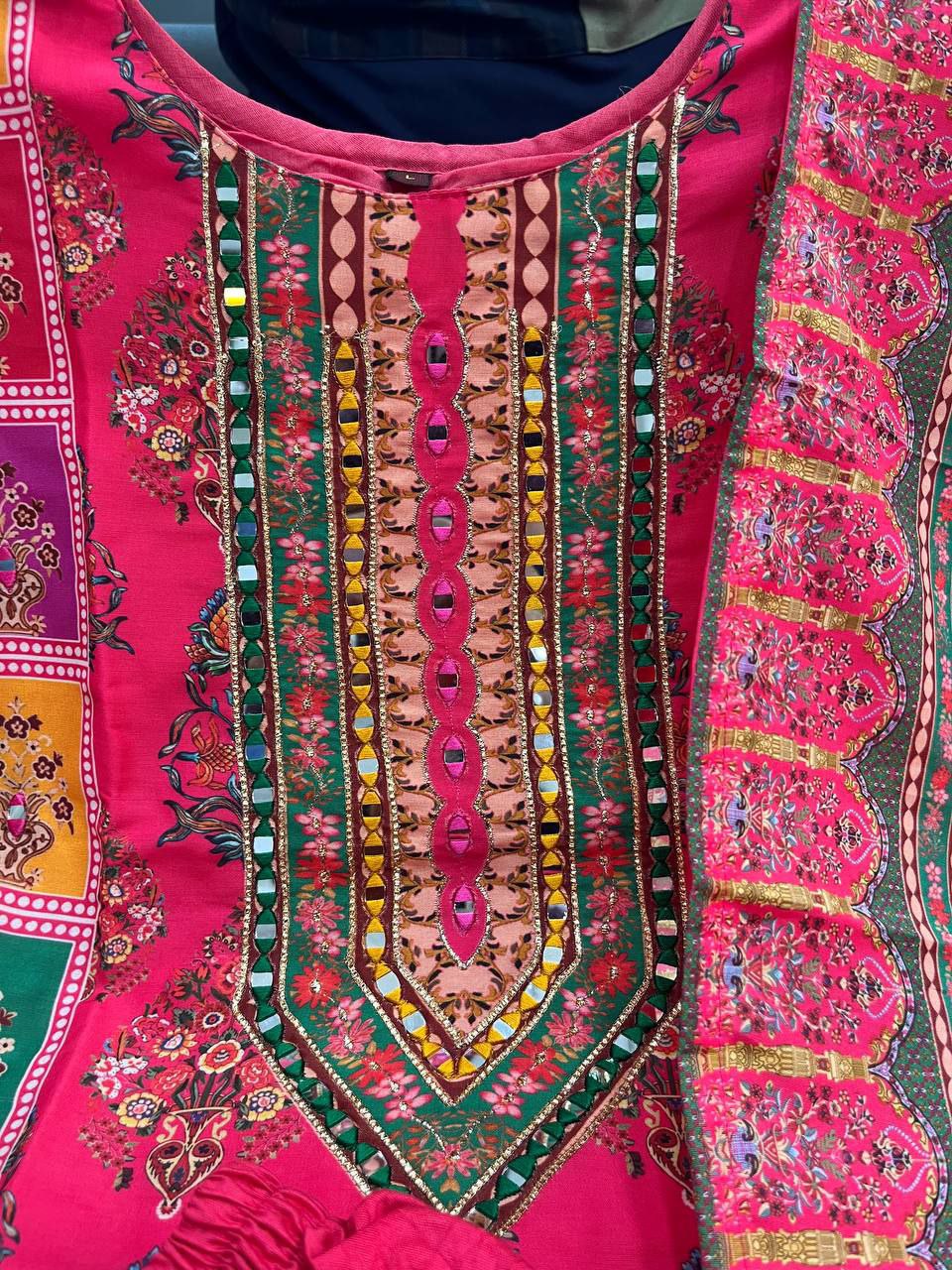 Diya Pink Schiffli Mirror Handwork Silk Festive Suit Set