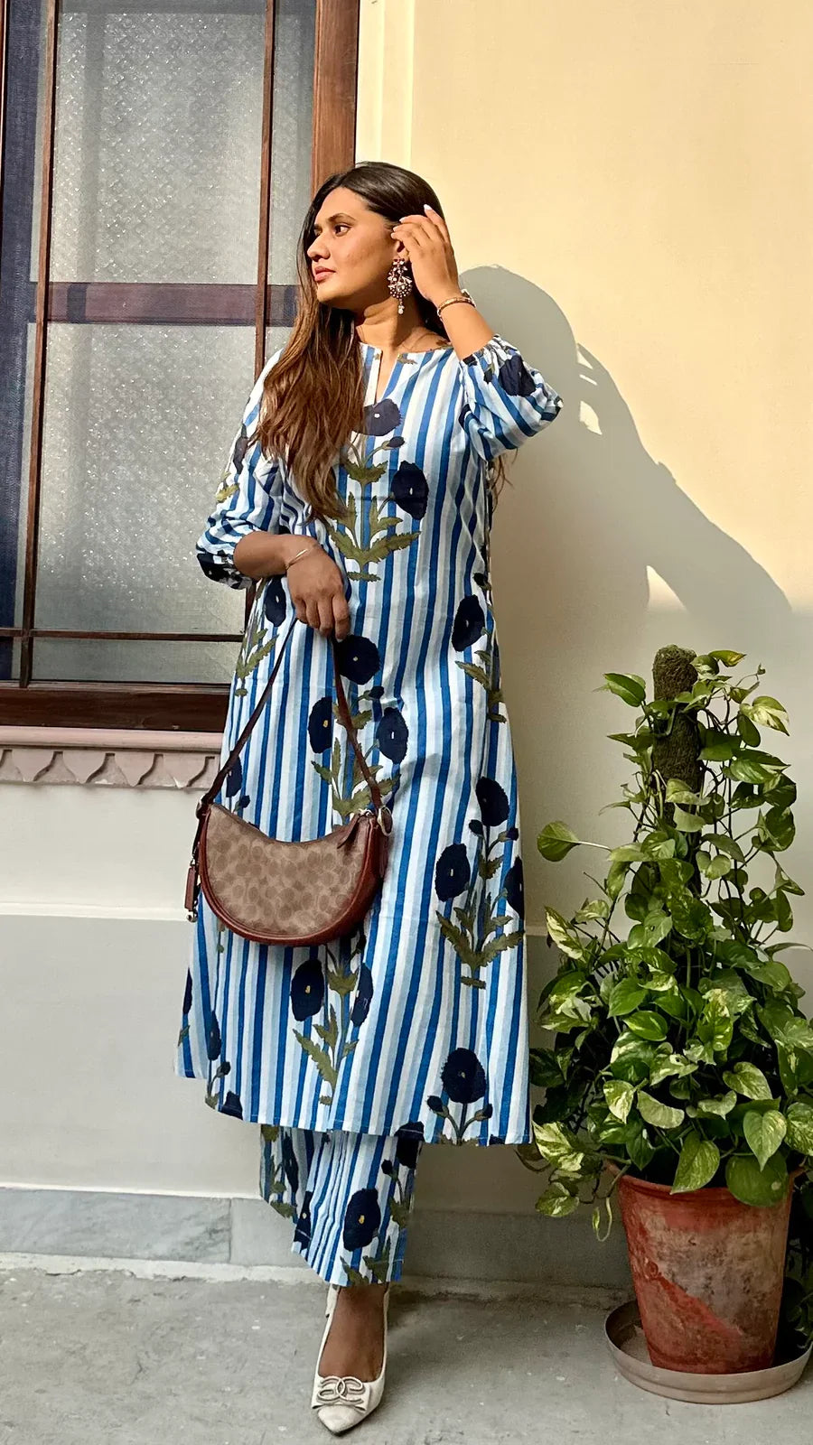 Blue & White Striped Floral Printed Cotton Kurta Set for Women
