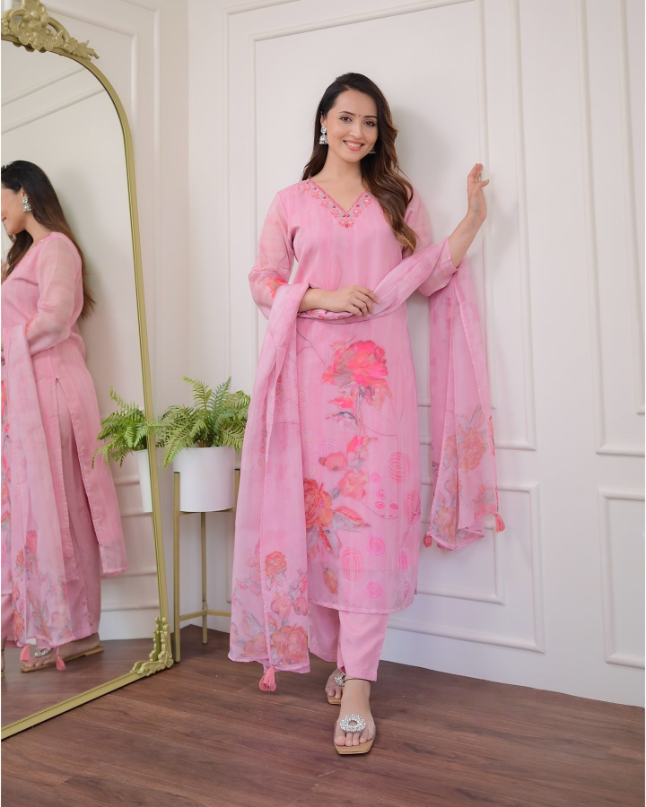 Women’s Premium Organza Embroidered Suit Set with Printed Dupatta