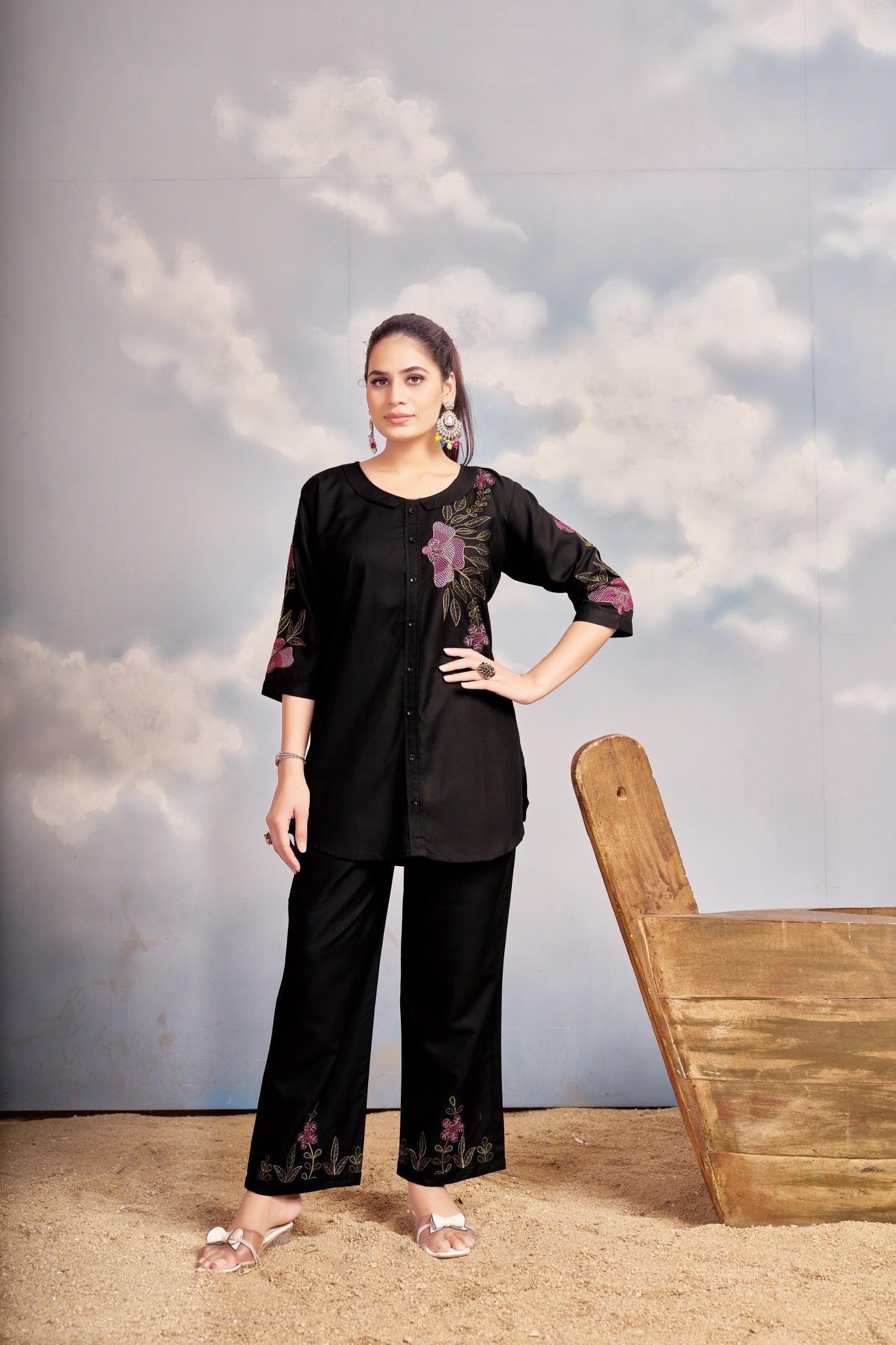 Heavy Rayon Black Embroidered Co-Ord Set for Women
