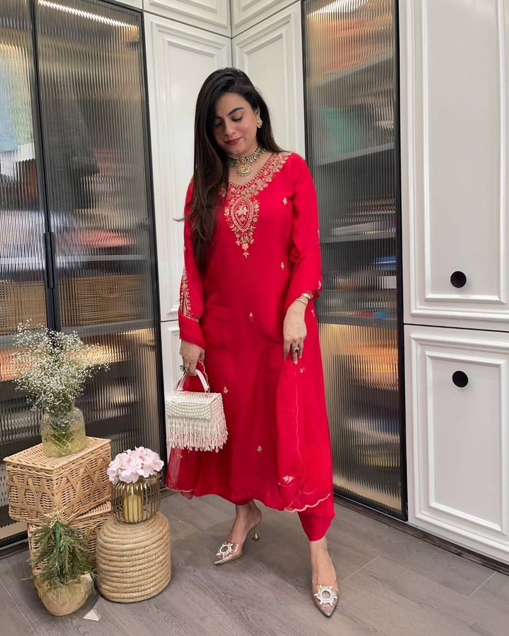 Women’s Rayon Embroidered Suit Set with Organza Dupatta