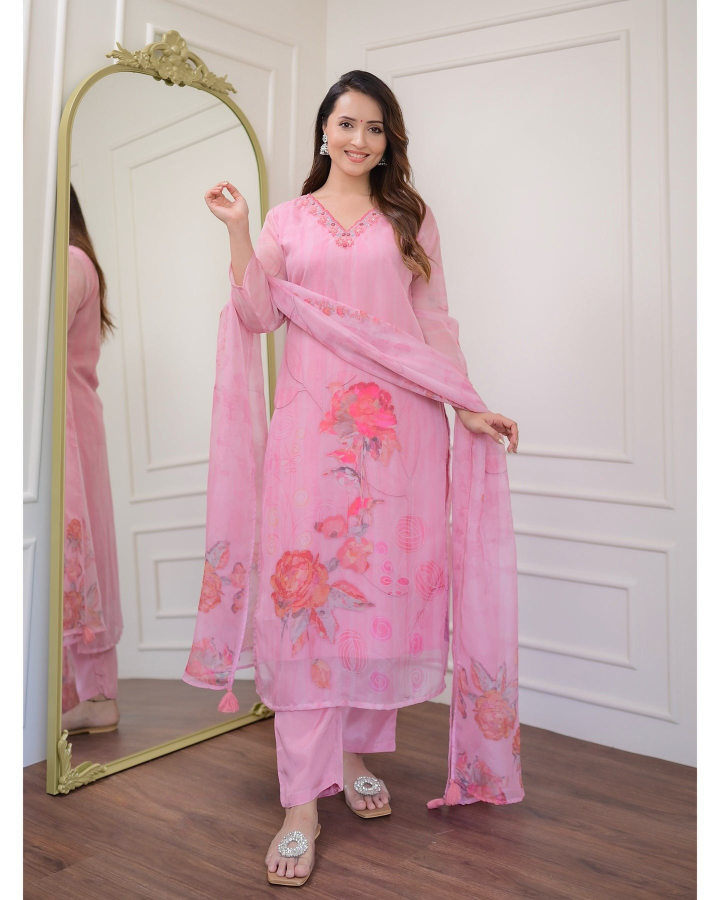 Women’s Premium Organza Embroidered Suit Set with Printed Dupatta