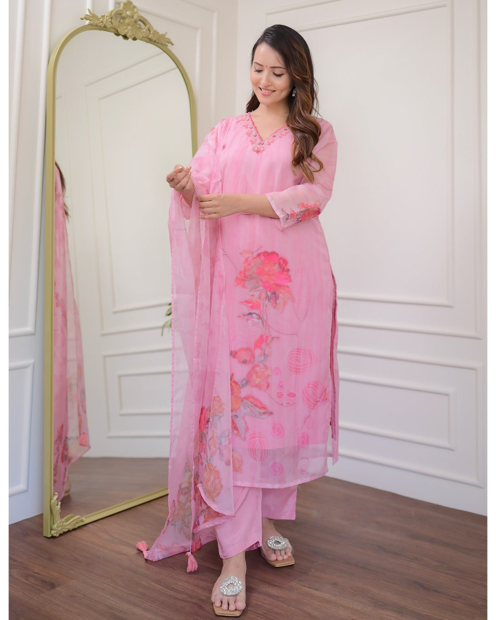 Women’s Premium Organza Embroidered Suit Set with Printed Dupatta