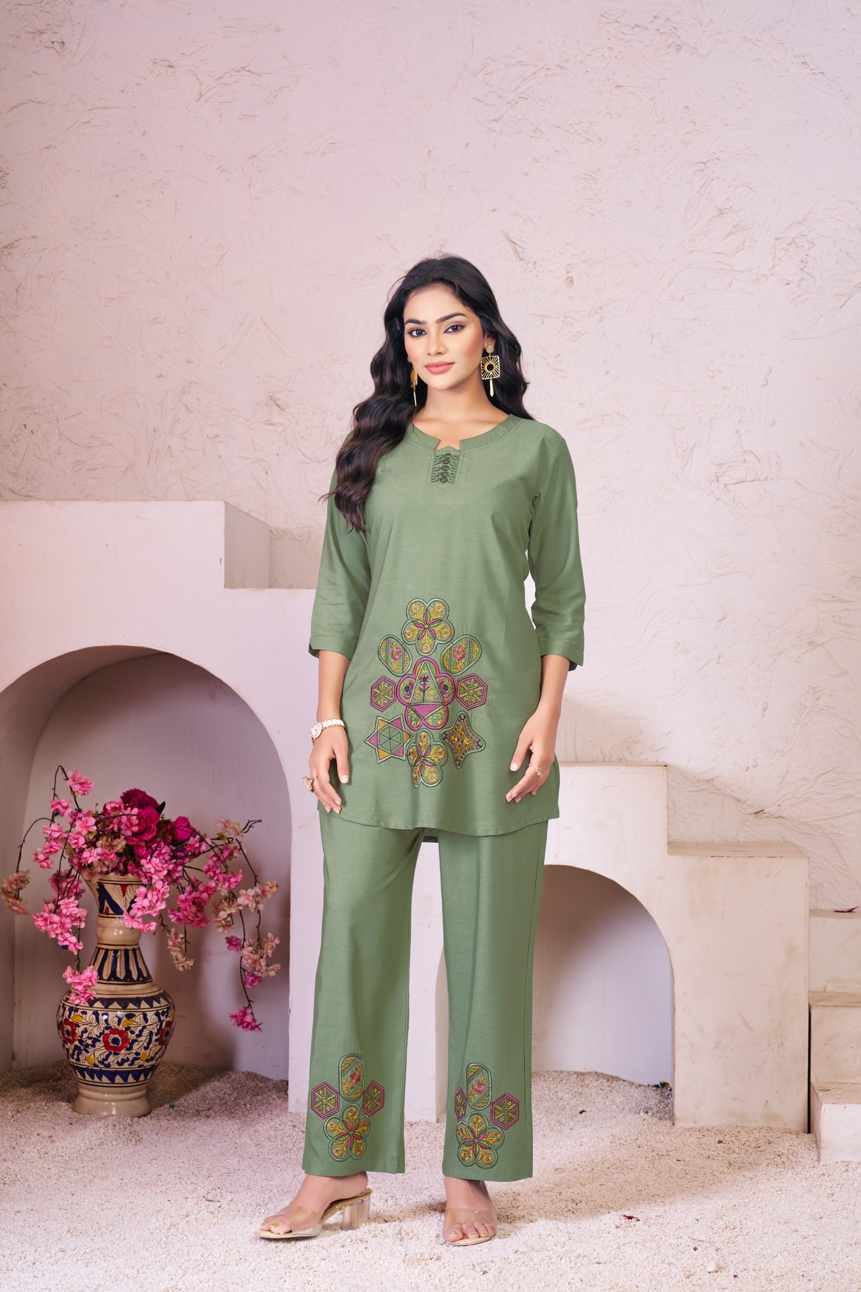 Heavy Rayon Green Embroidered Co-Ord Set for Women