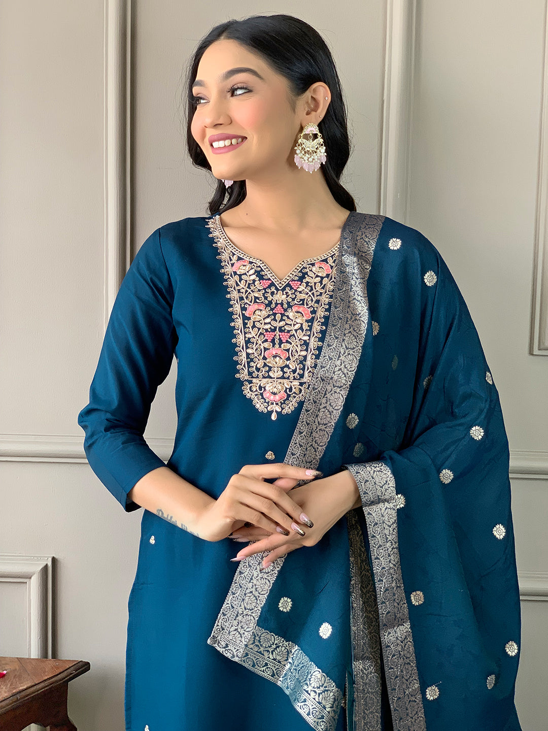 Women’s Chanderi Embroidered Suit Set with Viscose Dupatta