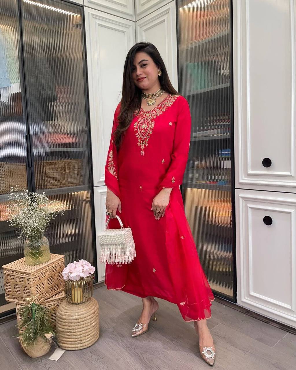 Women’s Rayon Embroidered Suit Set with Organza Dupatta