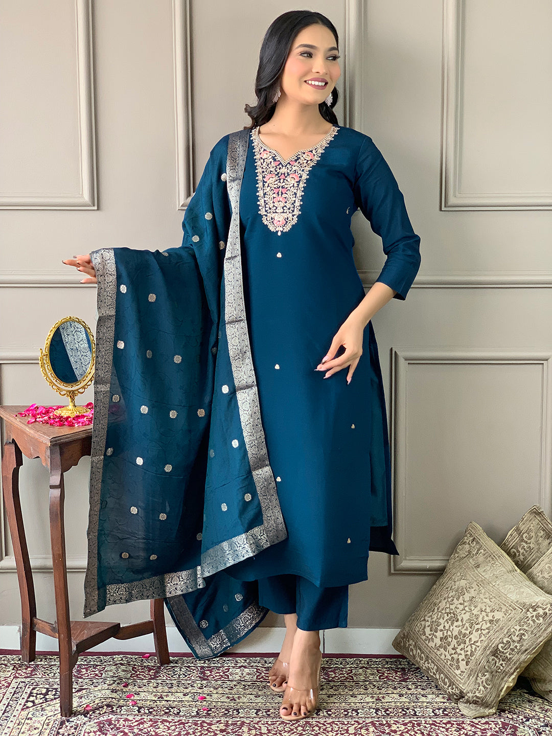 Women’s Chanderi Embroidered Suit Set with Viscose Dupatta