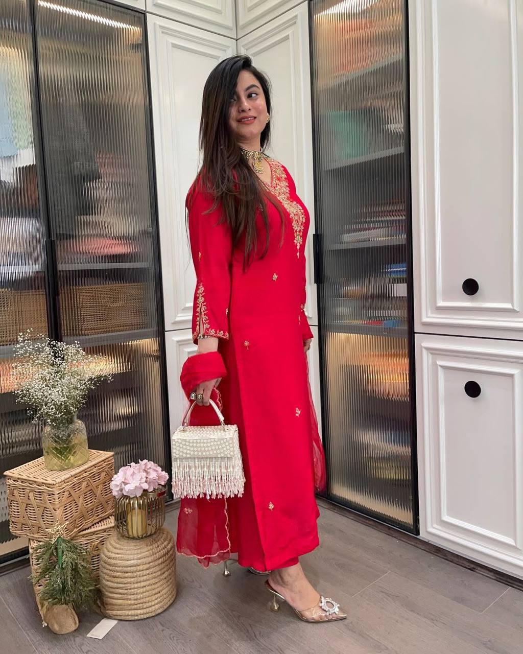 Women’s Rayon Embroidered Suit Set with Organza Dupatta