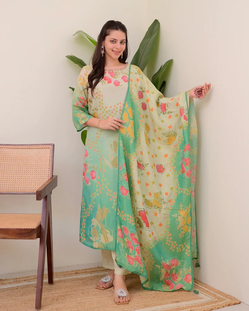 Women’s Assam Silk Handwork Suit Set with Printed Dupatta
