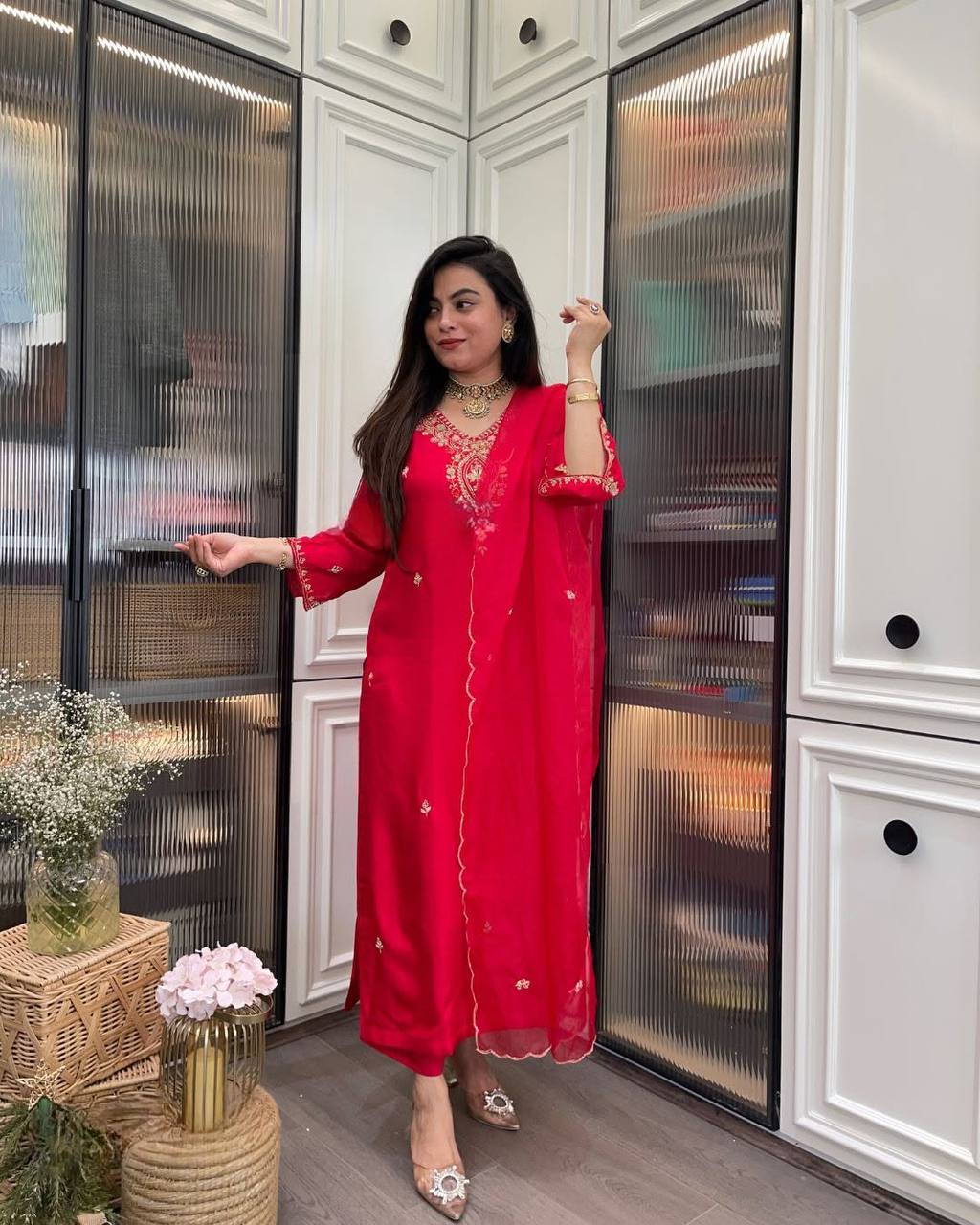 Women’s Rayon Embroidered Suit Set with Organza Dupatta