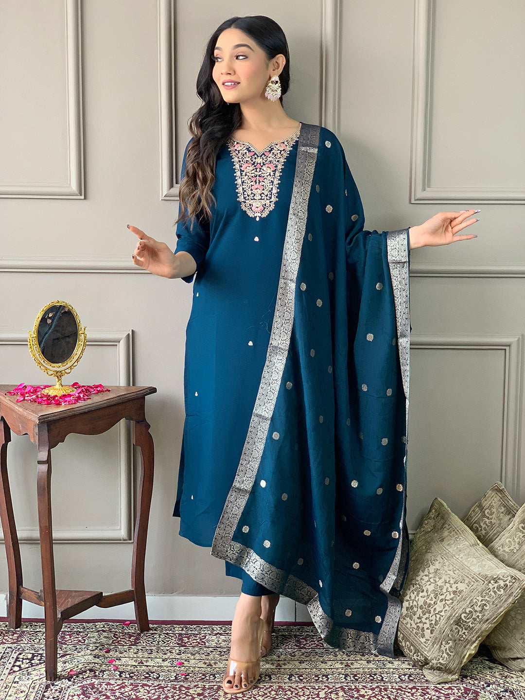 Women’s Chanderi Embroidered Suit Set with Viscose Dupatta