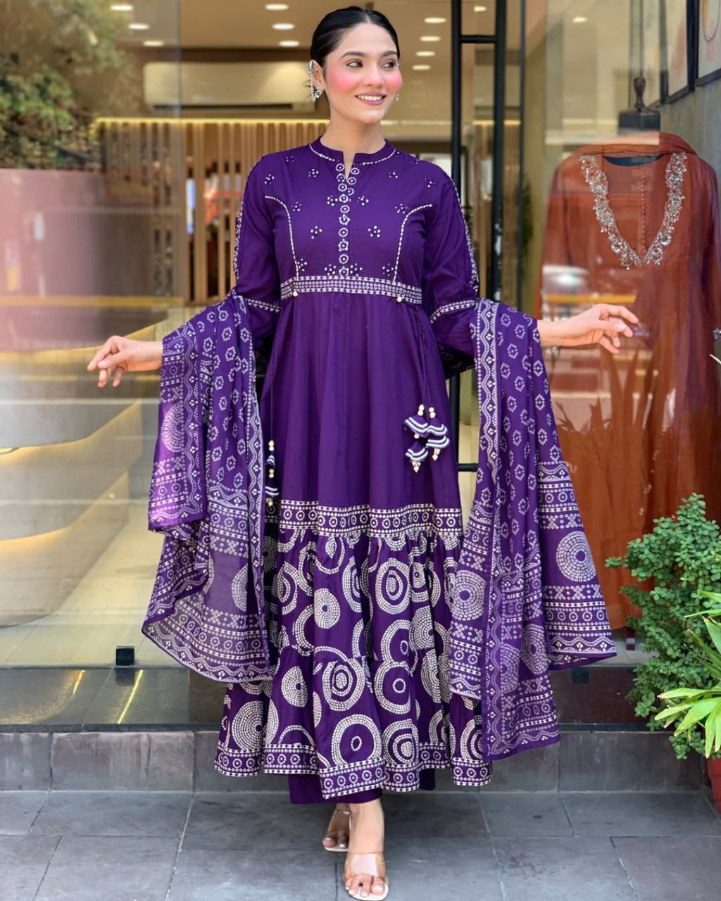 Royal Purple Bandhani Print Anarkali Suit Set with Embroidered Yoke