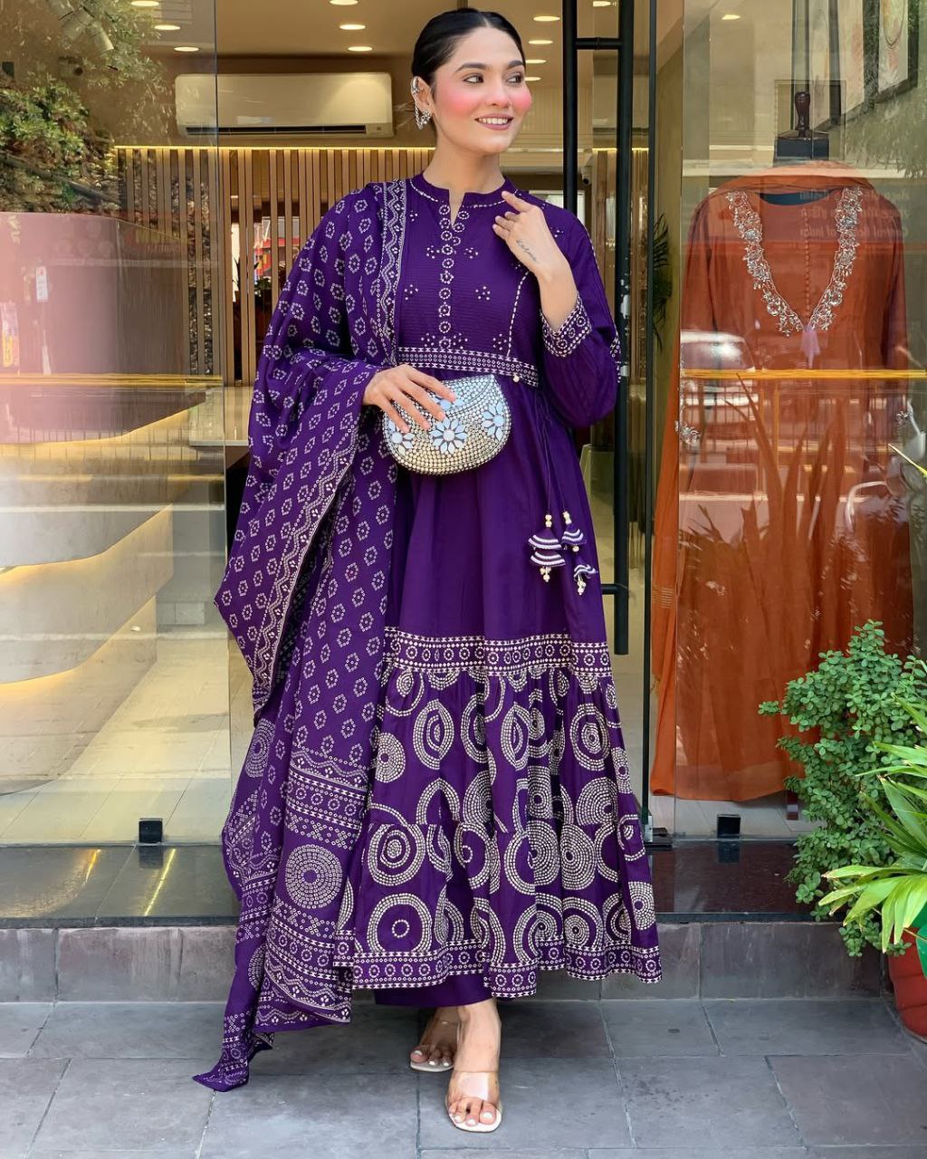 Royal Purple Bandhani Print Anarkali Suit Set with Embroidered Yoke