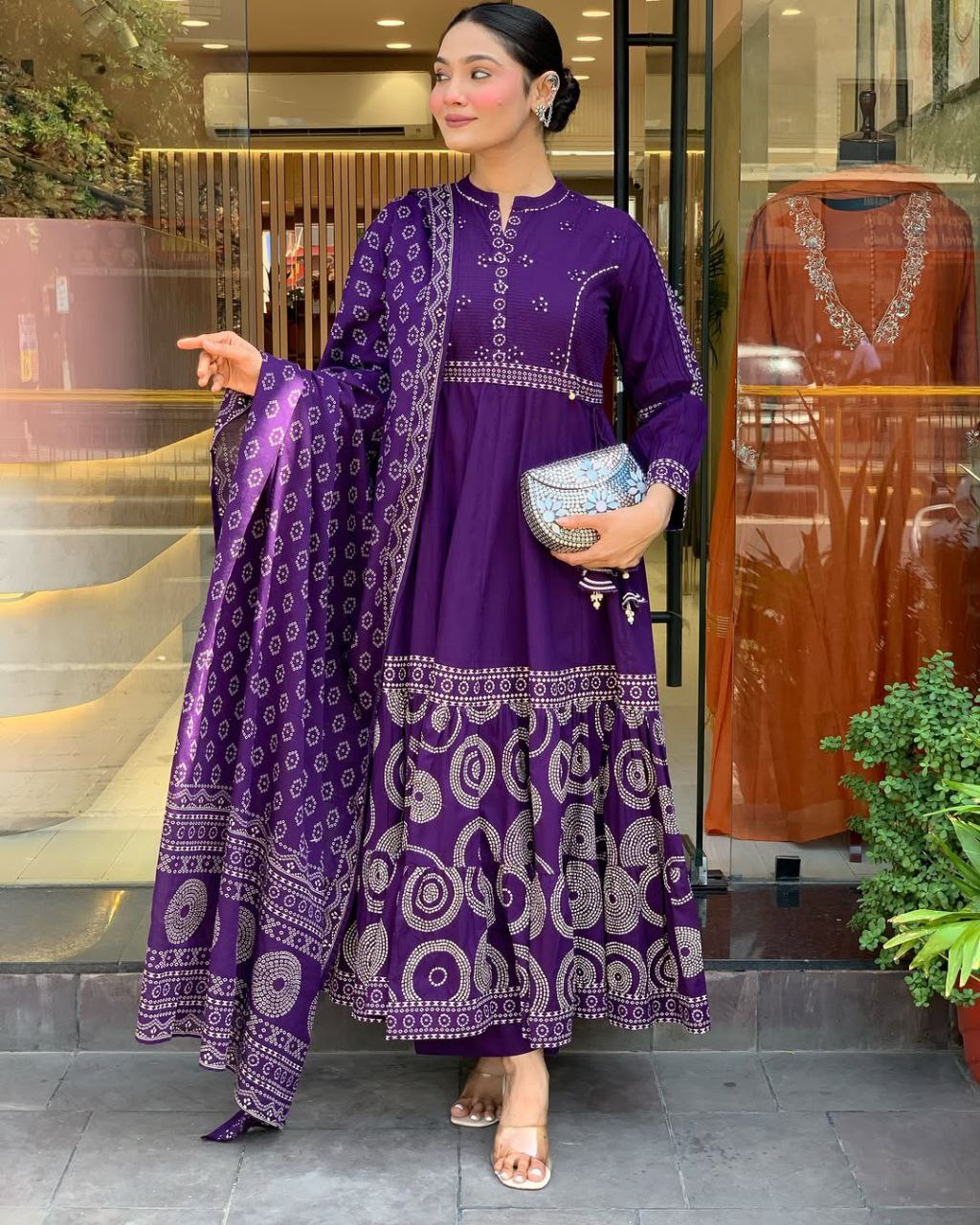 Royal Purple Bandhani Print Anarkali Suit Set with Embroidered Yoke