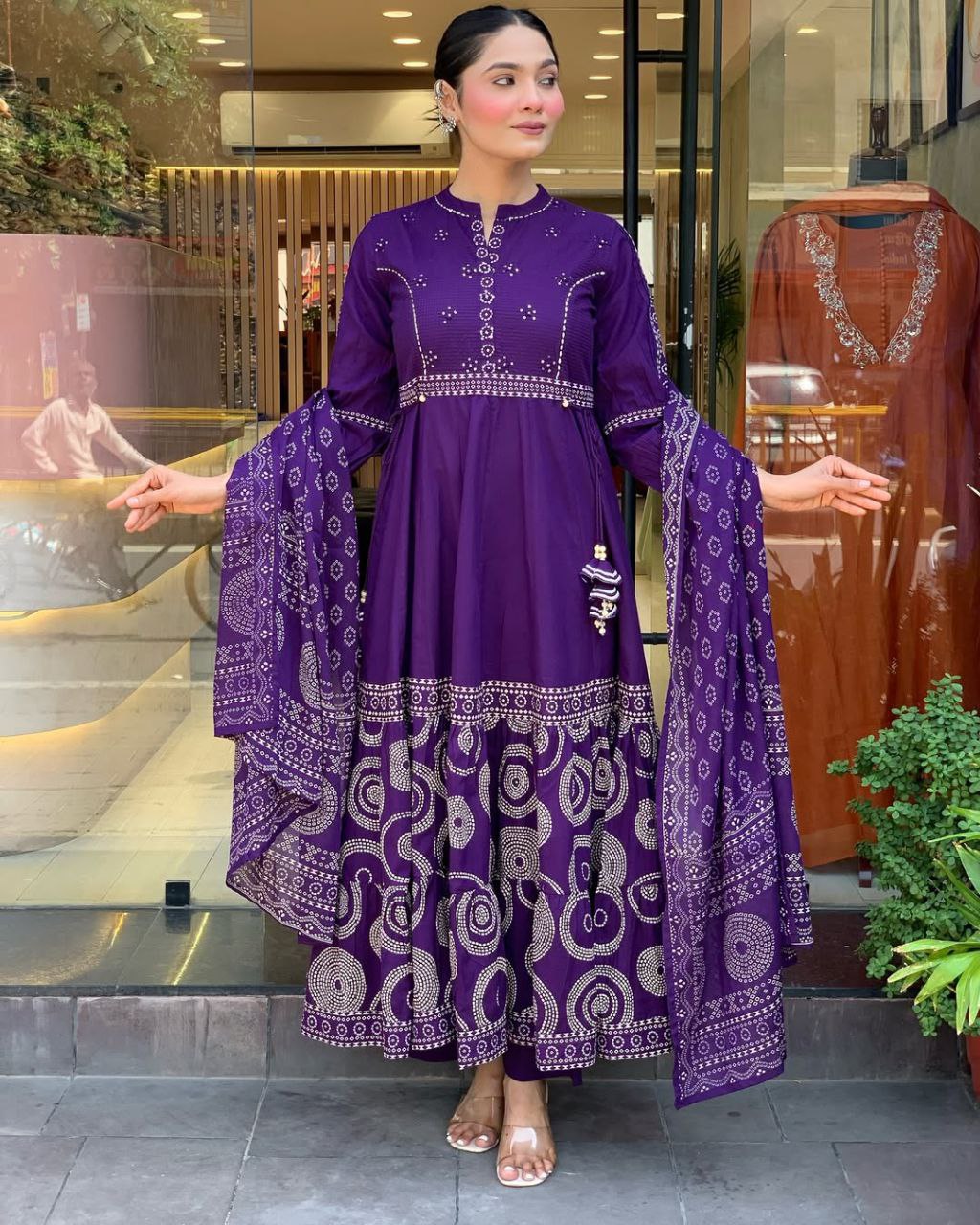 Royal Purple Bandhani Print Anarkali Suit Set with Embroidered Yoke