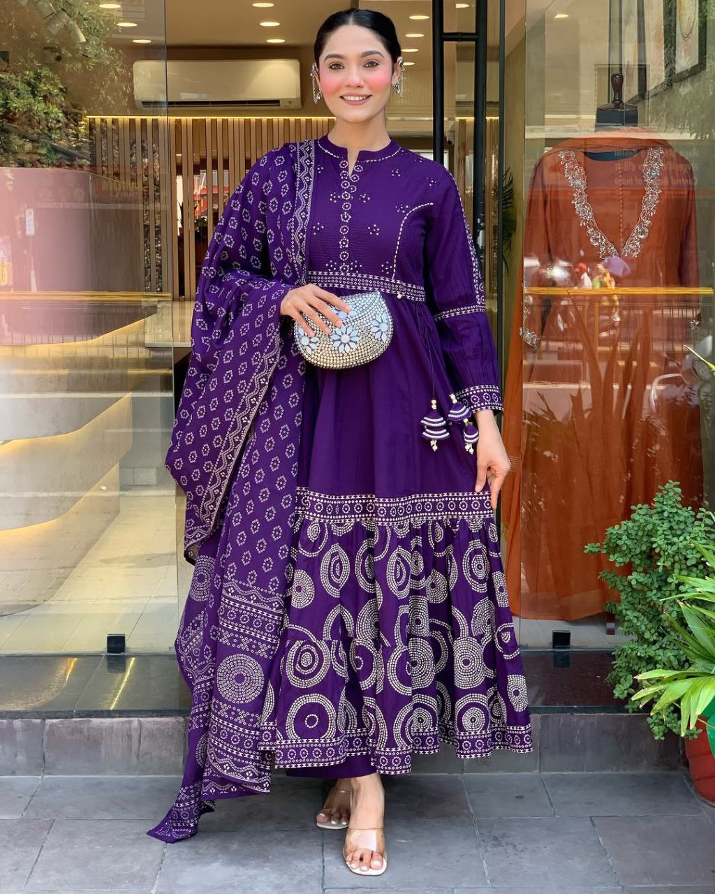 Royal Purple Bandhani Print Anarkali Suit Set with Embroidered Yoke