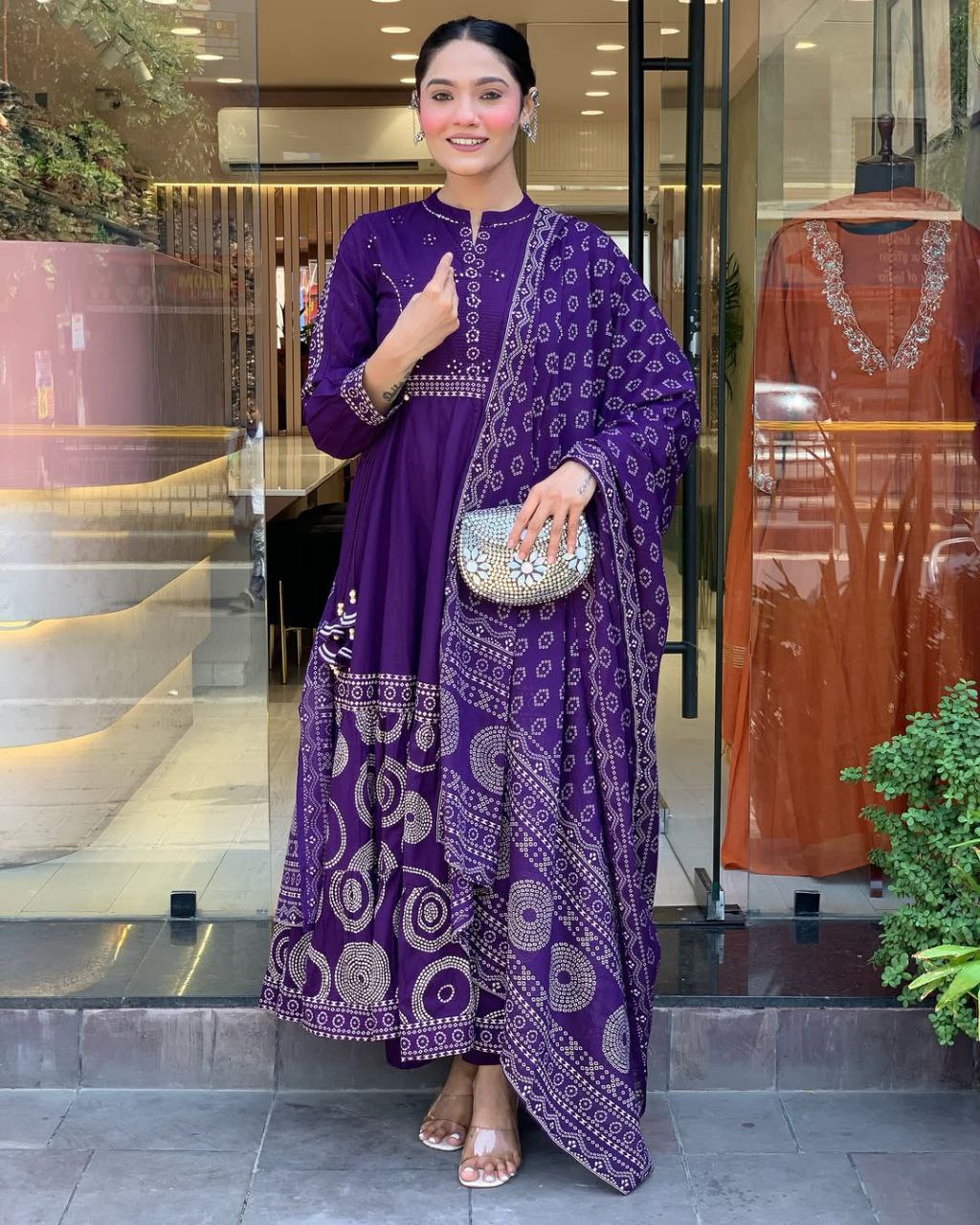 Royal Purple Bandhani Print Anarkali Suit Set with Embroidered Yoke