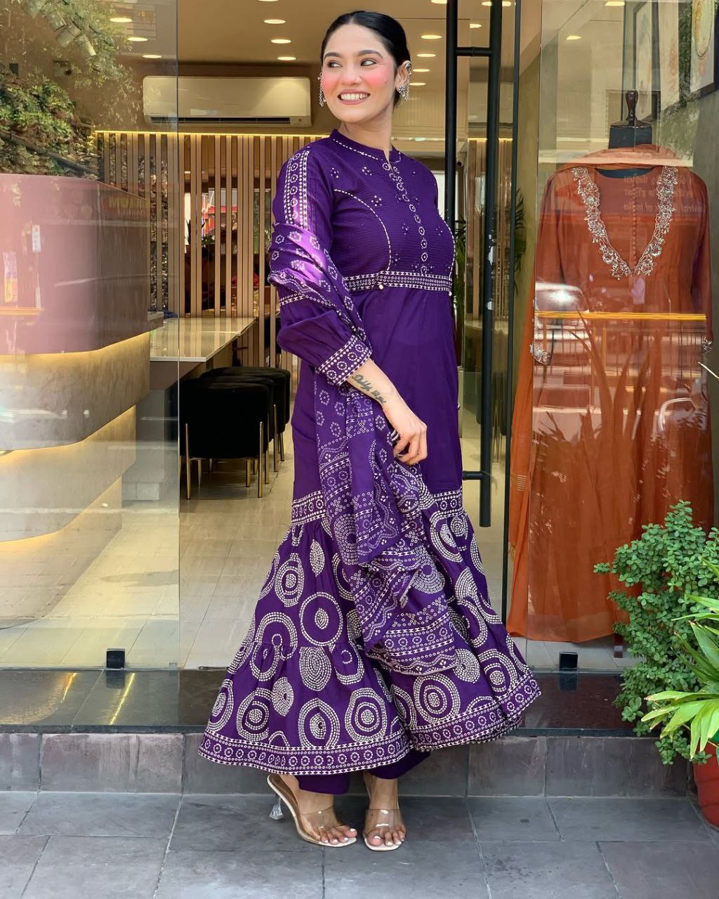 Royal Purple Bandhani Print Anarkali Suit Set with Embroidered Yoke