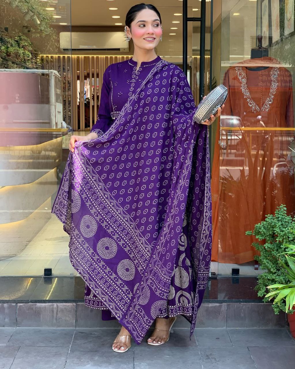 Royal Purple Bandhani Print Anarkali Suit Set with Embroidered Yoke