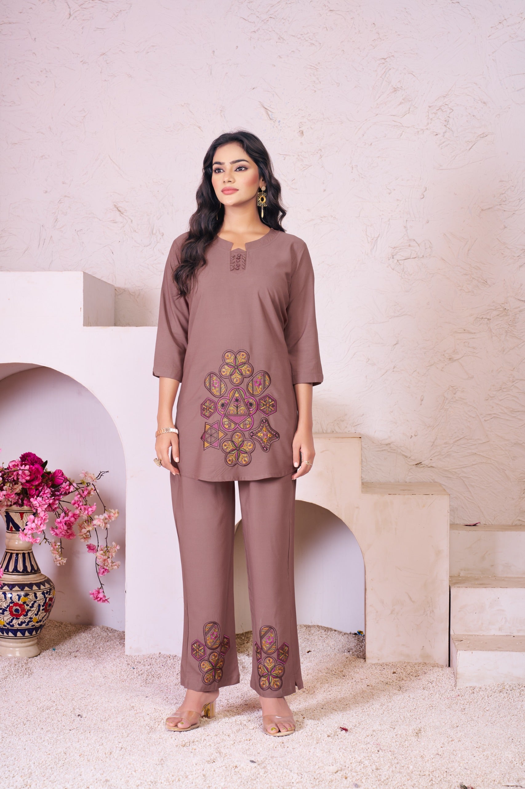 Heavy Rayon Brown Embroidered Co-Ord Set for Women